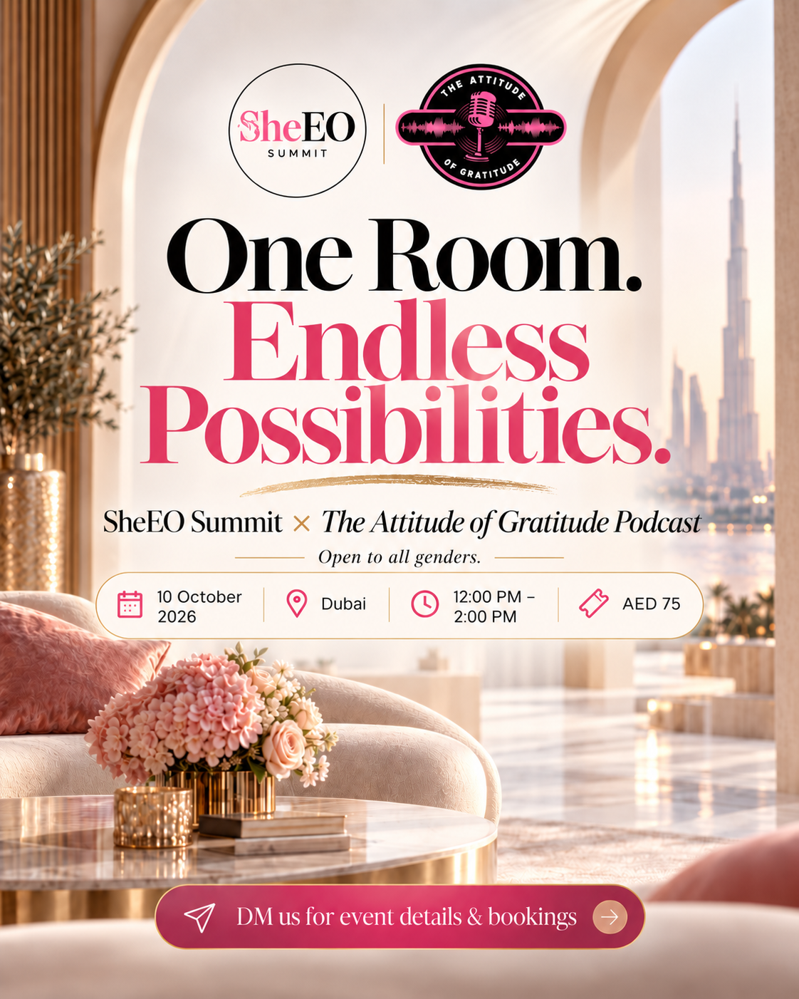 One Room, Endless Possibilities event poster with date, time and ticket information